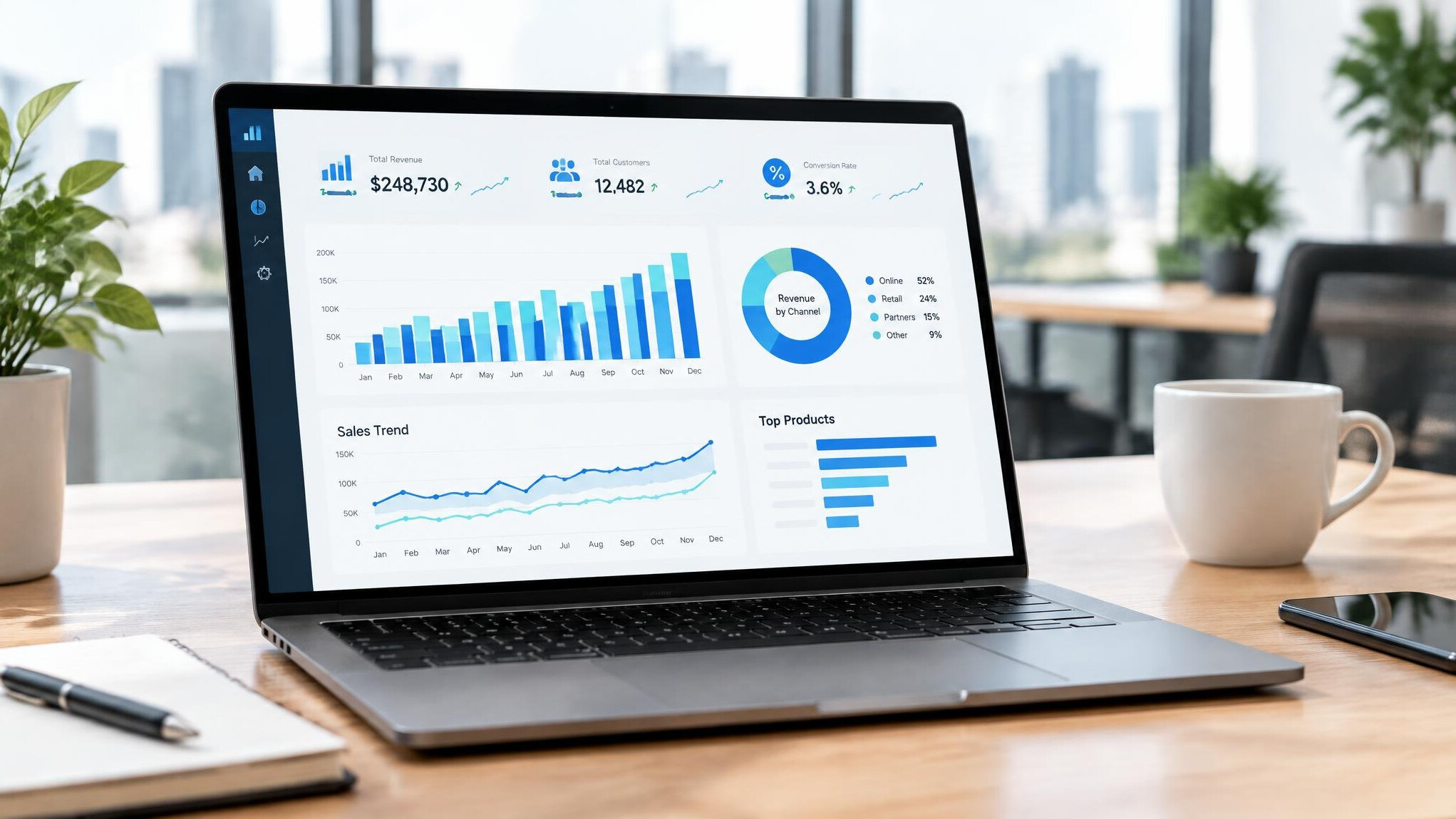 Analytics dashboard with charts on a laptop screen