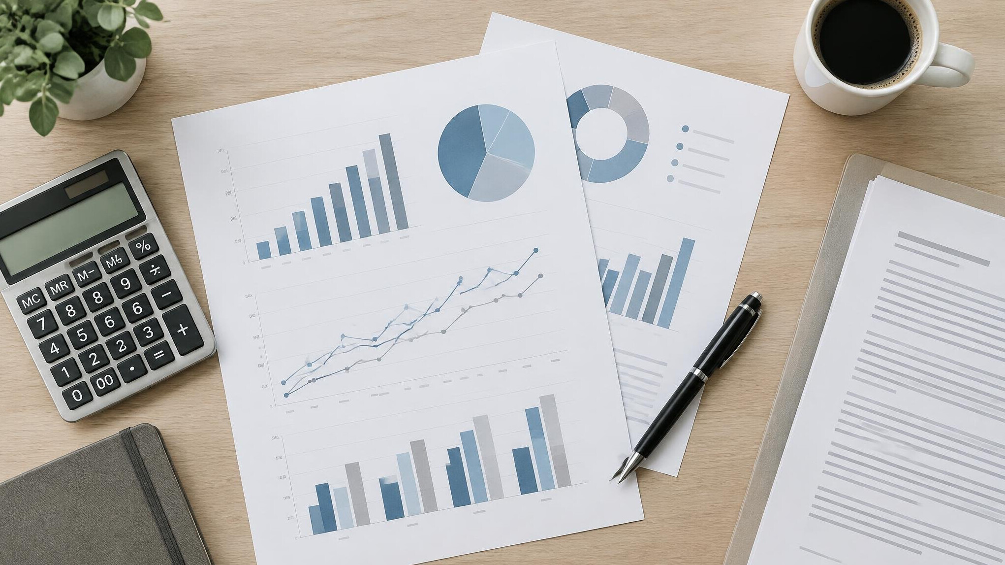 Desk with printed charts, documents and a calculator