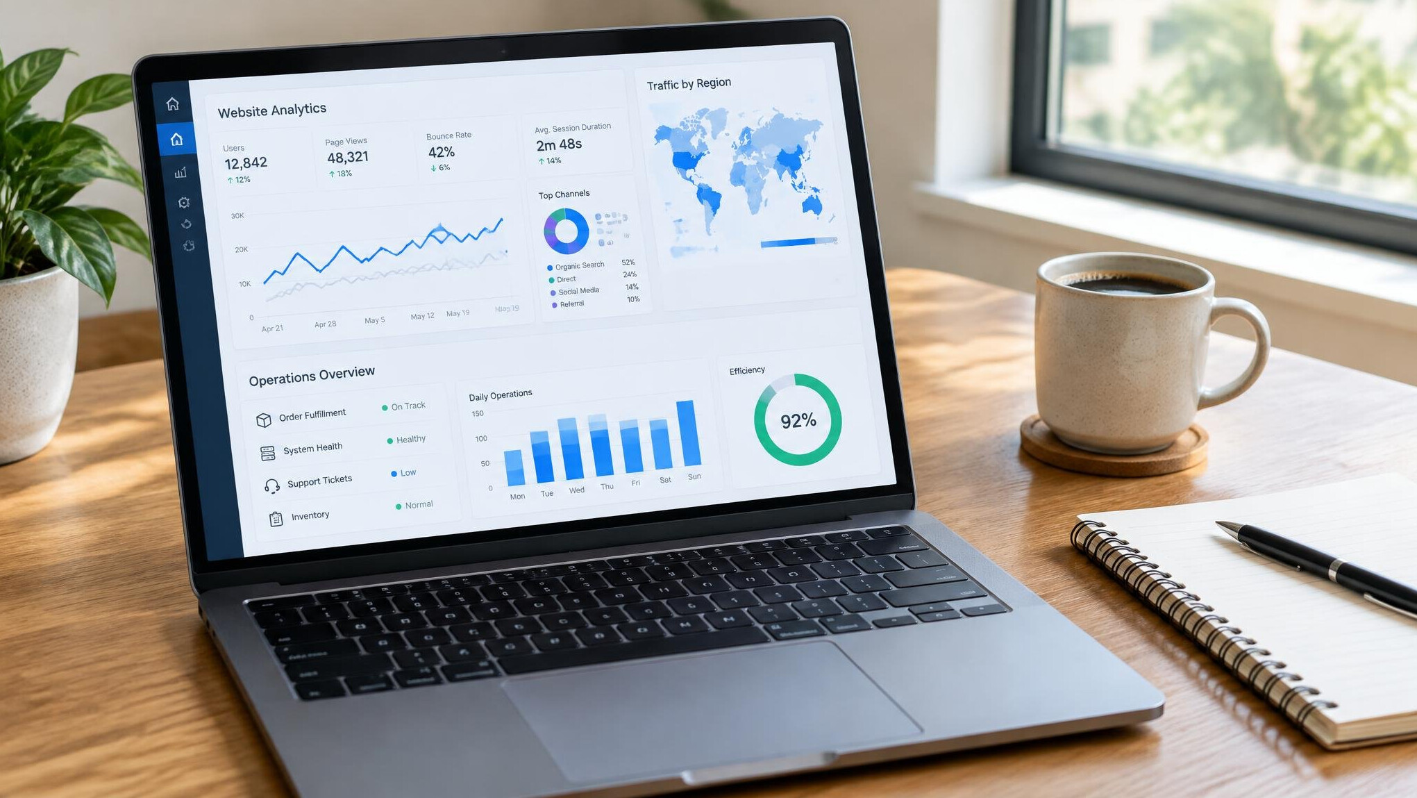 Laptop with analytics on a wooden desk